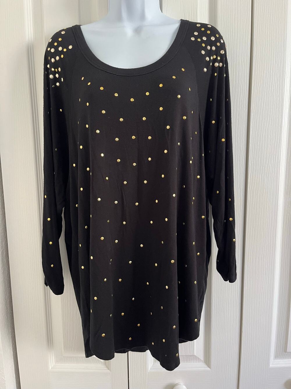Grace Elements XL Black Gold Stud Embellished Stretch Tunic Top Long Sleeve